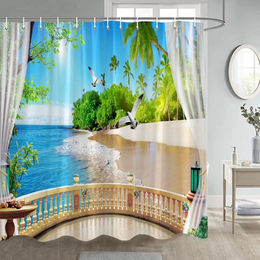 Chinese Style Garden Shower Curtains Green Bamboo Plants Arches Moon Door After Rain Landscape Polyester Bathroom Curtain Decor
