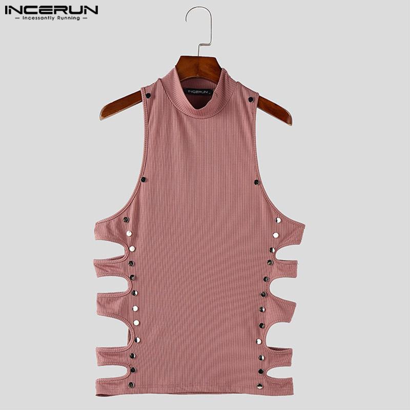 INCERUN Męskie letnie topy bez rękawów z okrągłym dekoltem i ozdobnymi guzikami, z wycięciami i ściągaczem