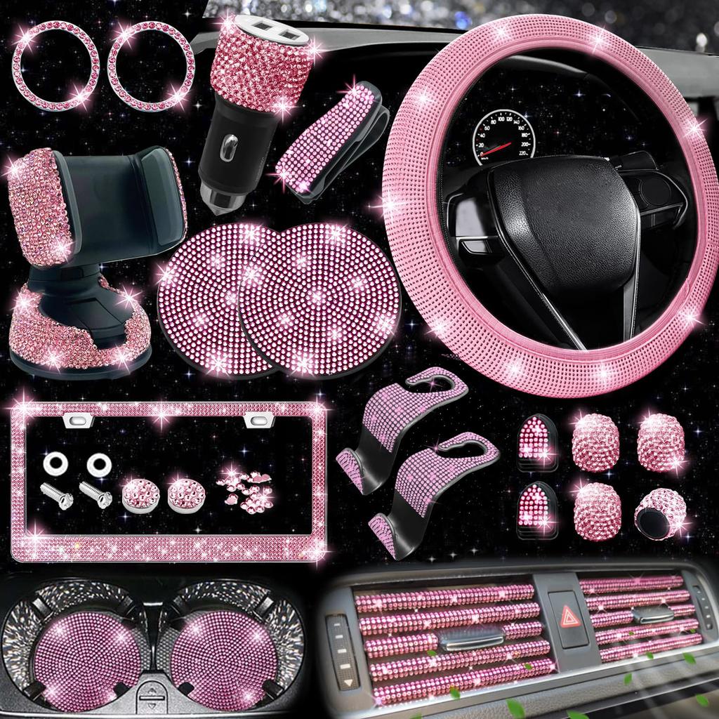 Anti-Slip Comfort Steering Wheel Cover No Inner Ring Elastic Band Diamond Rhinestone License Plate Frame Auto Interior Decoration Universal Black