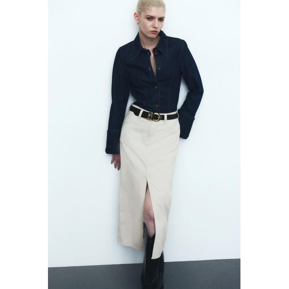 

Саржевая юбка HM с разрезом на подоле Светло-бежевая