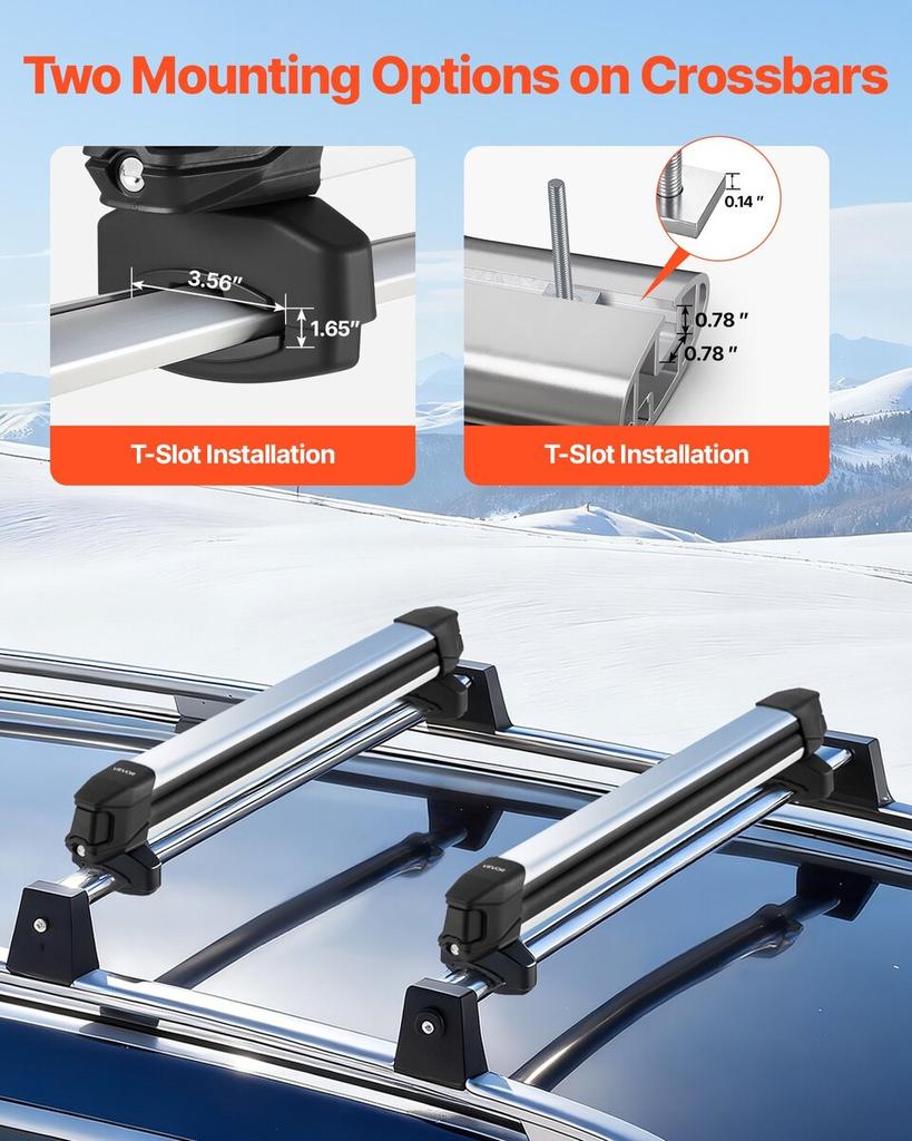 Ski & Snowboard Roof Rack, Carry Up To 6 Pairs of Skis or 4 Snowboards, 2 PCS Aluminum Universal Car Roof Rack Top Holder with Lock and Rubber Padding