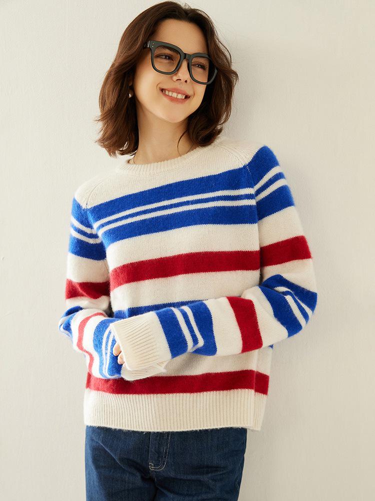 Women's Stylish Wool Knit Striped Sweater: Autumn/Winter Loose Casual Pullover, Elegant Base Layer.
