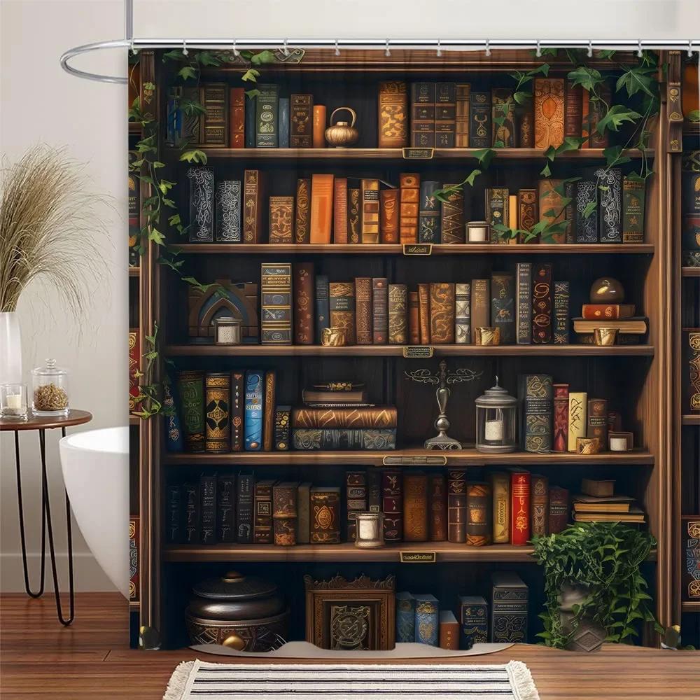

Библиотека Занавеска для душа Винтажные Средневековые Книги Книжная полка Кошка Собака Листья Магия Готика Полиэстеровая ткань Ванная комната Декоративная занавеска 150x180cm-60x70in