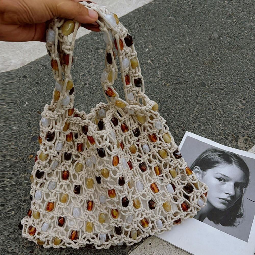 Creative Summer Woven Bead Bag Hollow-out Breathable Tote Bag Bohemian Large Capacity Shoulder Bag Women Daily Use
