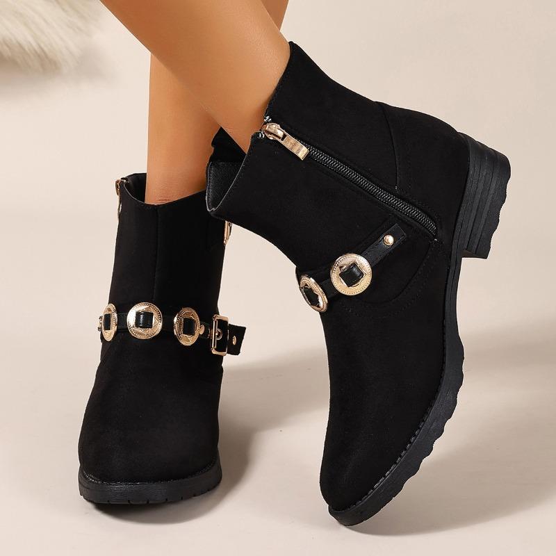 Fashion Square Heel Side Zip Booties Autumn New Round Toe Metal Buckle Anti-Slip Wear-Resistant Single Boots