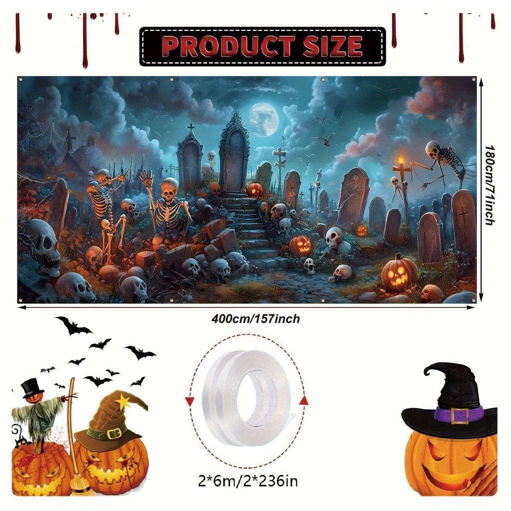 A Halloween Garage Polyester Banner a Creepy Cemetery with Skulls and Tombstones and an Outdoor Party Backdrop