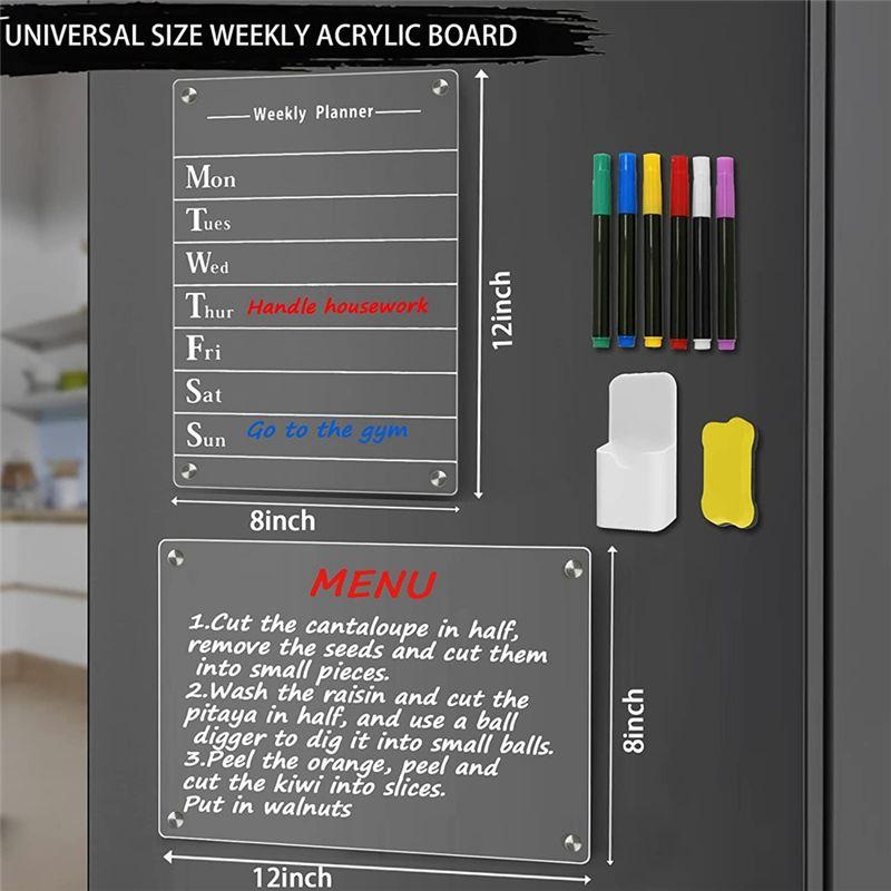 BHBL 2 PCS Clear Acrylic Dry Erase Board for Fridge, 12X8Inch Magnetic Weekly Meal Planner, Kitchen Menu Planner Board