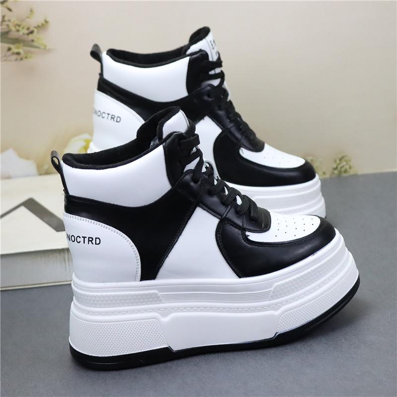 Fashion 13CM Women Cow Genuine Leather Platform Wedge Vulcanize Ankle Booties Spring Autumn Chunky Sneaker Ankle Microfiber Shoes