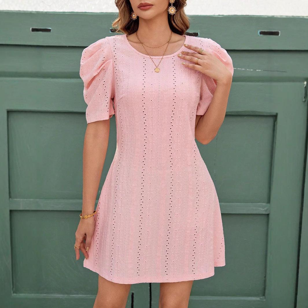 

Summer new solid color splicing cuffs round neck simple and generous dress women S розовый