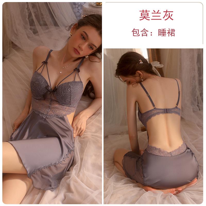 Sexy hollow satin lace plus chest pad deep V temptation steel ring gathering nightdress robe loungewear