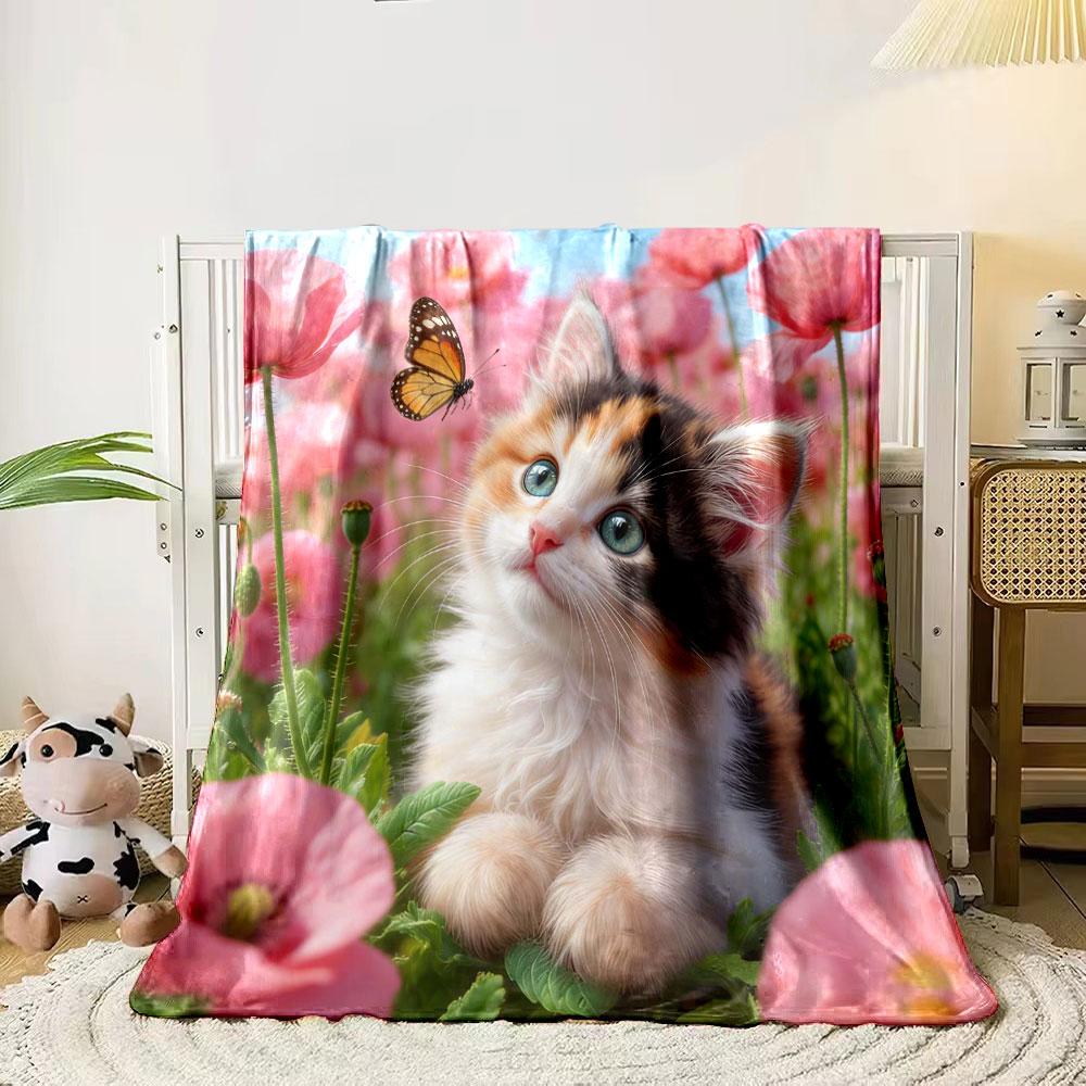 

1PC Cats Surrounded By Flowers Printed Blanket Soft and Comfortable Home Travel Blanket Adult and Child Warm Blanket Sofa 75x90cm