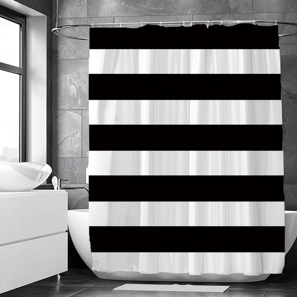 Black and White Geometric Pattern Shower Curtains Waterproof Fabric Bathroom Curtain with Hooks 180x180cm Toilet Bath Screen