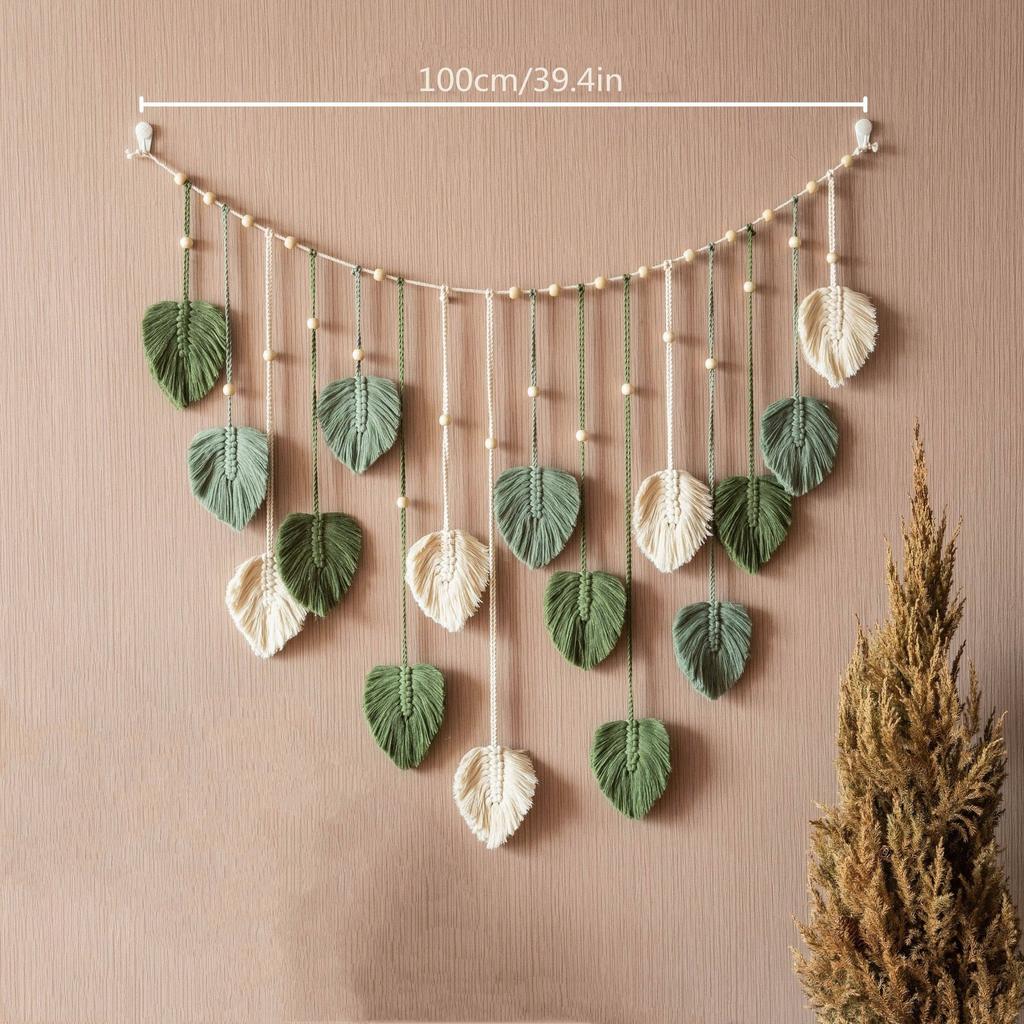 1pc Green Leaves Garland Macrame Wall Art Above Bed Decor Boho Home Decor Mid Century Modern Living Room Wall Decor Plant Mom Gift