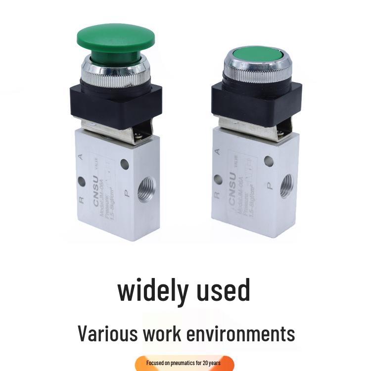 Sheng Yu JM-322PB Pneumatic Valve: 2-Position, 3-Way Button Type with JM Roller, Aluminum Alloy Construction.