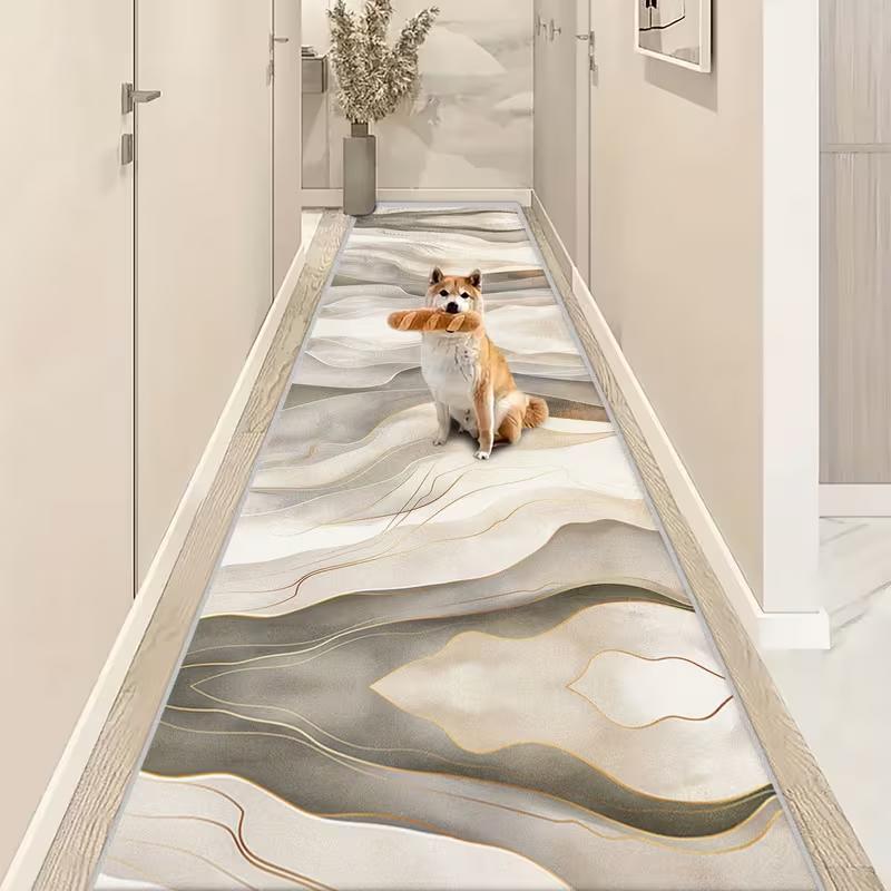 Minimalist Line Inlaid Runner Carpet, Soft Grey Abstract Motif with Wood Trim Rug, Modern Floor Mat for Bright Hallway Decor