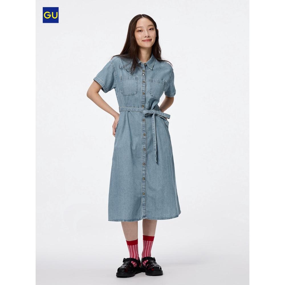 

Uniqlo Gu джинсовая рабочая рубашка платье с коротким рукавом 07 GRAY/WOMEN S