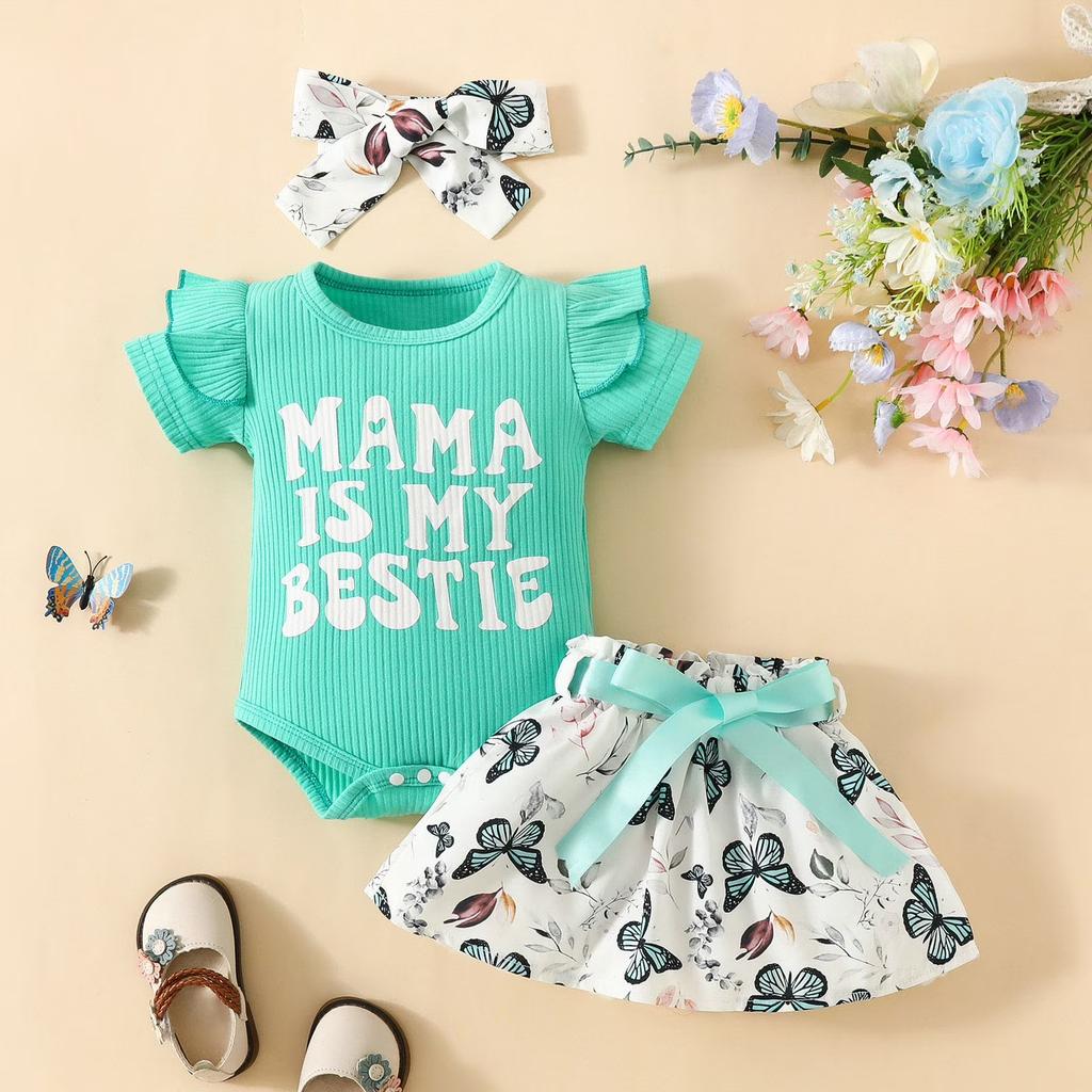 Baby Girl Short Sleeve Bodysuit with Letter Print Skirt Set and Headband Infant Toddler Outfit Summer Clothes for Newborn