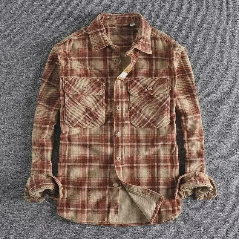 

Men s Classic Plaid Khaki Long Sleeve Shirt - Washed Corduroy, Retro Spring/Autumn Style XXL коричневий