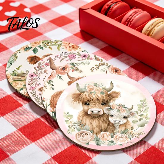 Heat Resistant Cork Cup Mats Highland Cow Coasters, Cute Floral Farmhouse Drink with Vintage Flower Print Holders Non-Slip Base, Table Protector