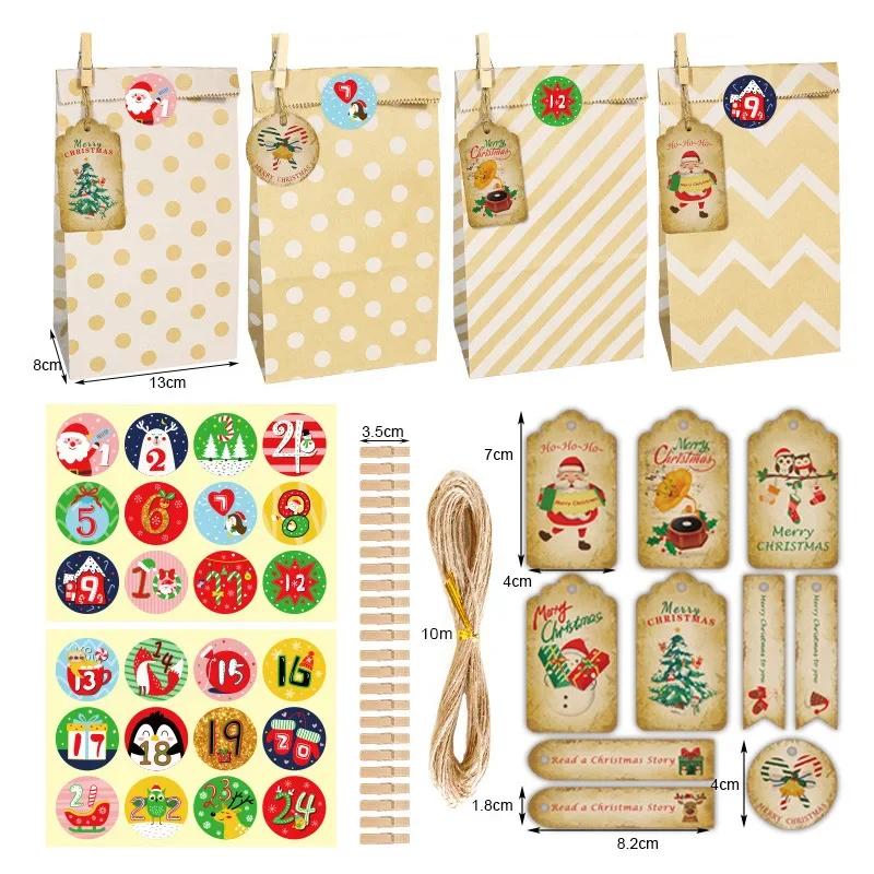 24pcs/Set Kraft Paper Bags with Stickers Snowflake Cookie Food Bag Merry Christmas Candy Gift Bag Xmas Decoration Packing