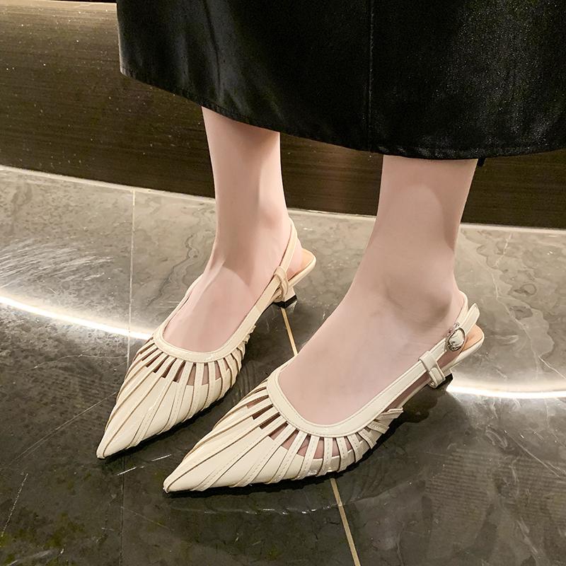 Fashion Low Heel Pointed Toe Hollow-out Sandals Women's Summer New Baotou Shallow Mouth One-word Belt Outside Wear Stiletto Shoes
