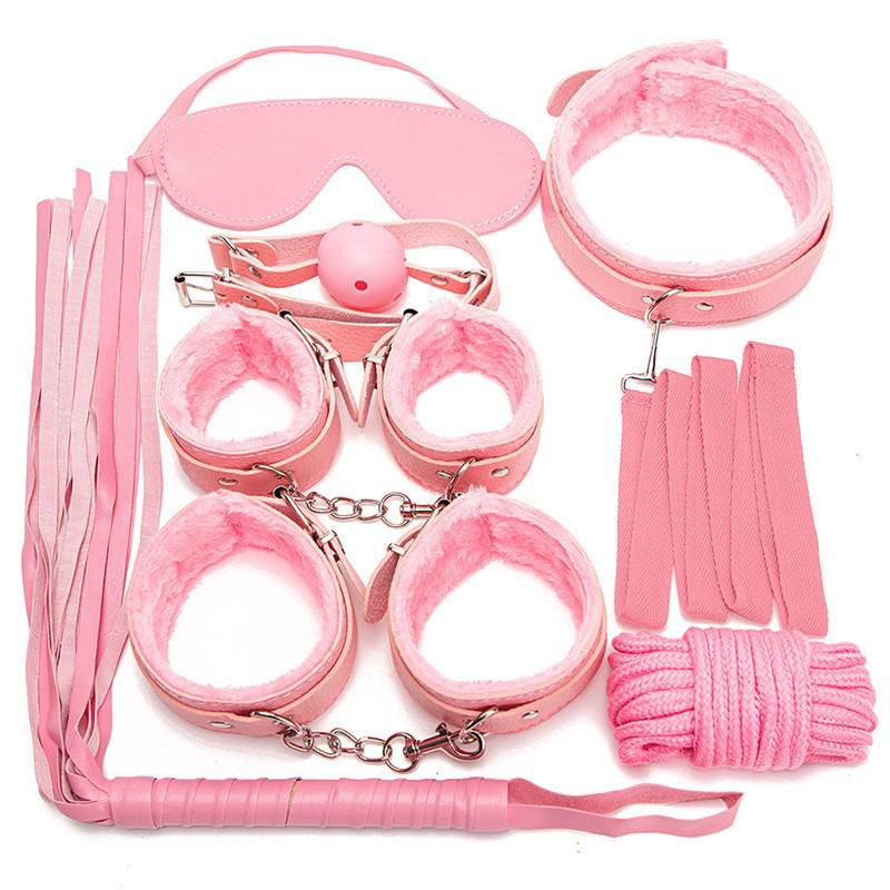 7-Piece Erotic SM Set: Plush Handcuffs, Leather Whip, Binding Restraints & More.