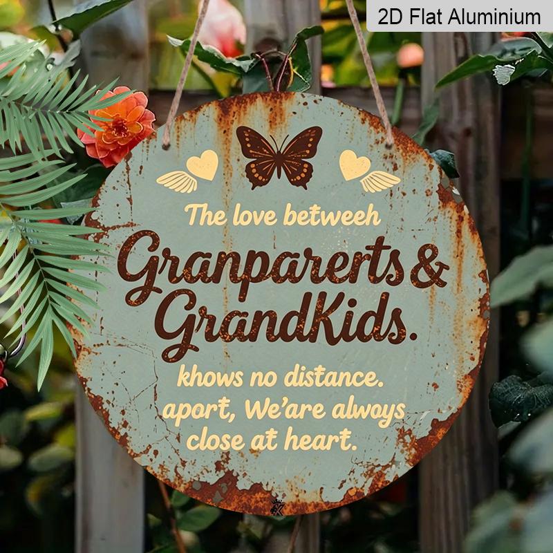2D Flat, 1pc Round Aluminum Grandparents & Grandkids Love Sign, Vintage Rustic Butterfly & Heart Wall Decor, Waterproof & Durable, Themed Around The