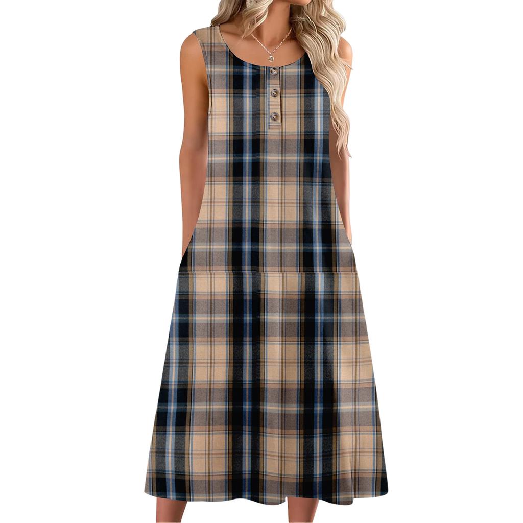 Damenmode lässiges ärmelloses Knopfdress mit Karomuster und Tasche