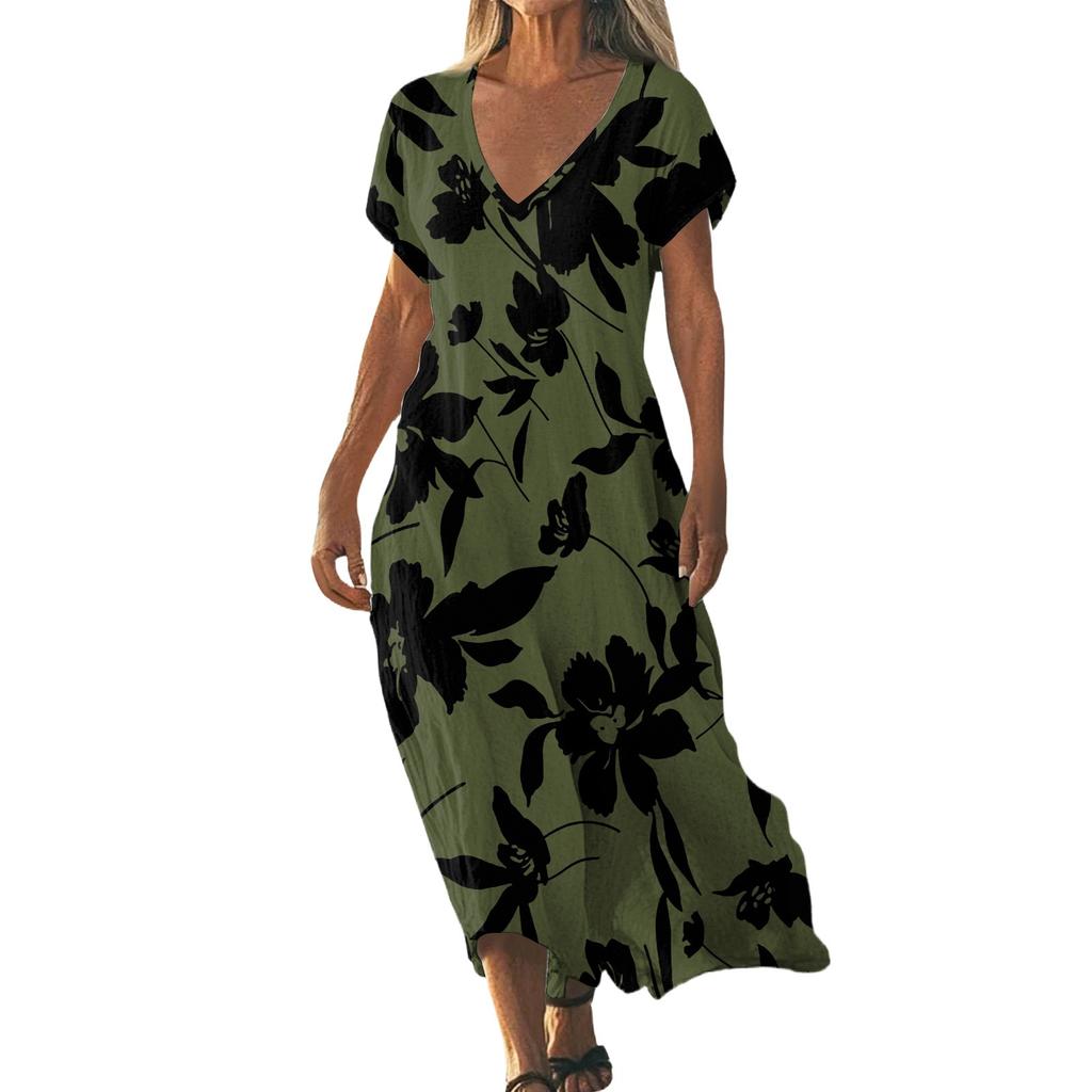 Summer Dress Women's Long Boho Beach Dress Elegant Maxi Dress V-Neck Short Sleeve Summer Tunic Dress Light Airy