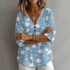 T-shirt da donna con scollo a V, stampa floreale vintage, vestibilità ampia, manica corta, misto lino, top casual con dettaglio a bottone
