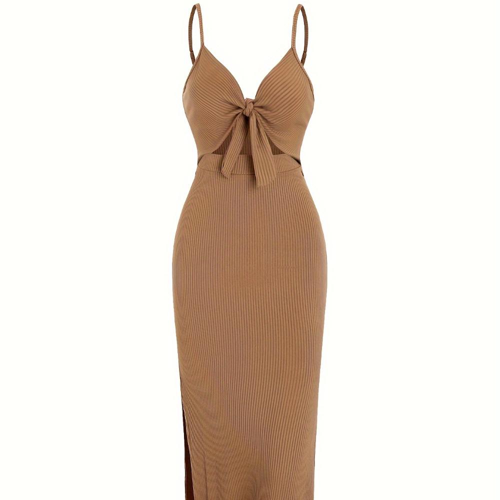 

Модное трикотажное простое платье без рукавов на подтяжках на весну и лето, с открытой спиной и сексуальной длинной юбкой с горловиной. S коричневый