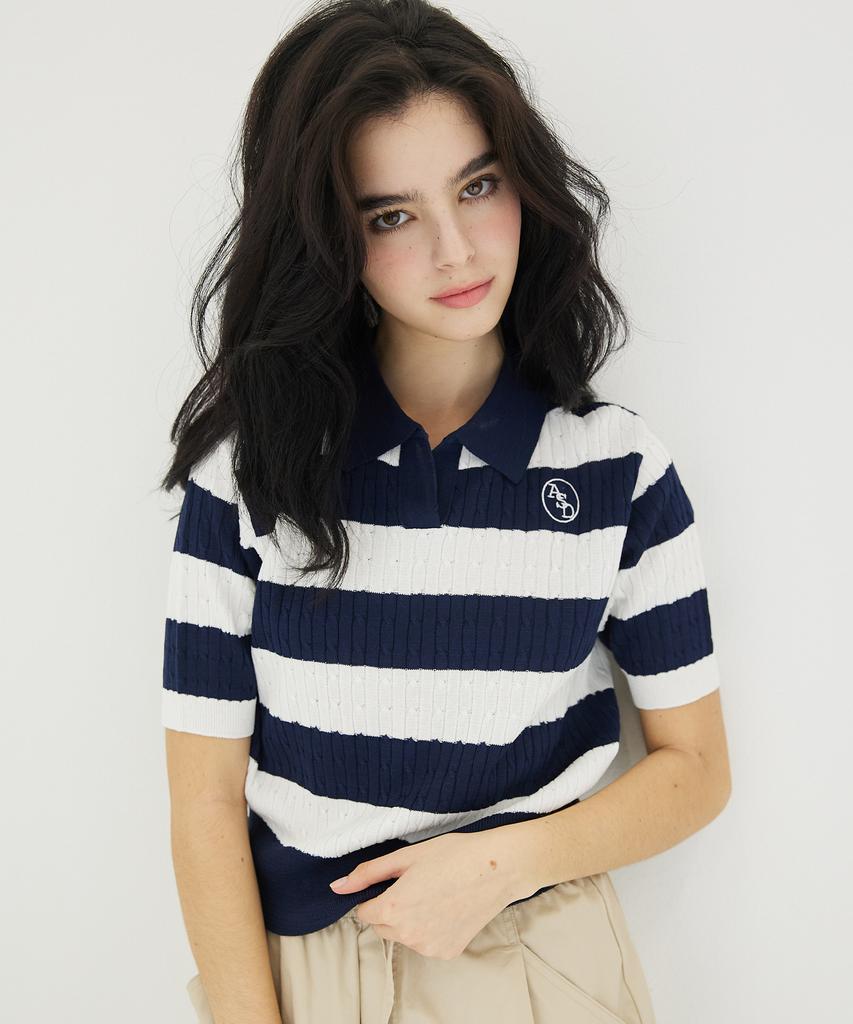 AWESOME STUDIO Striped Cable Collar Knit Navy
