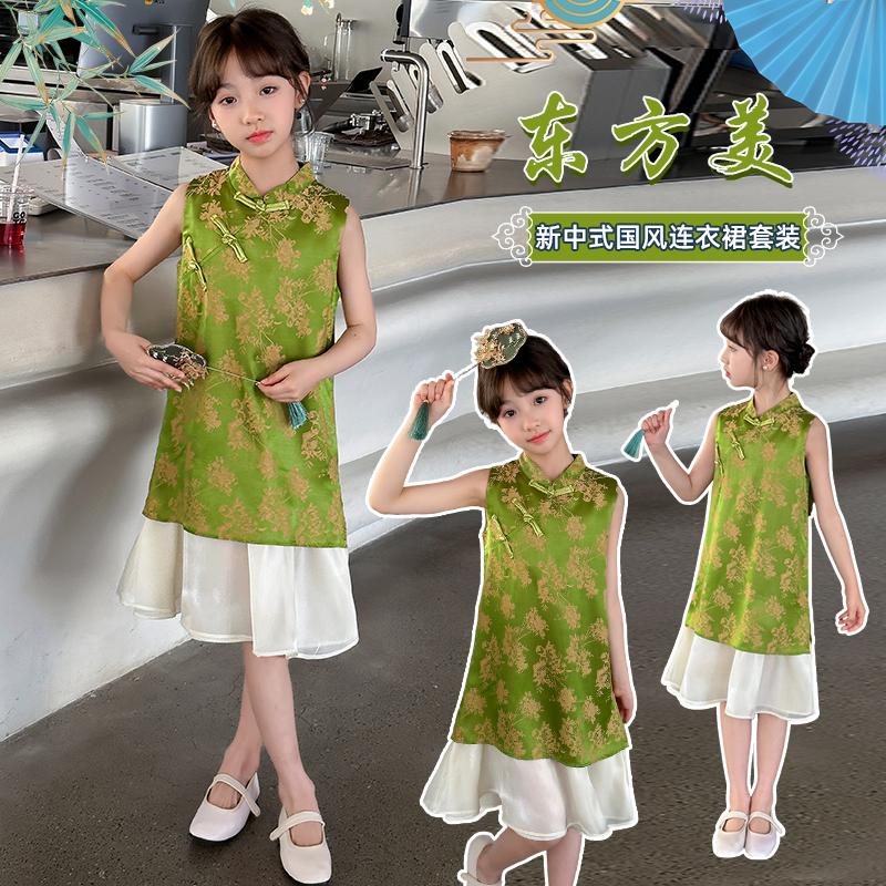 2026 new western-style thin style girls' and little girls' improved cheongsam summer new Chinese Hanfu Chinese style dress