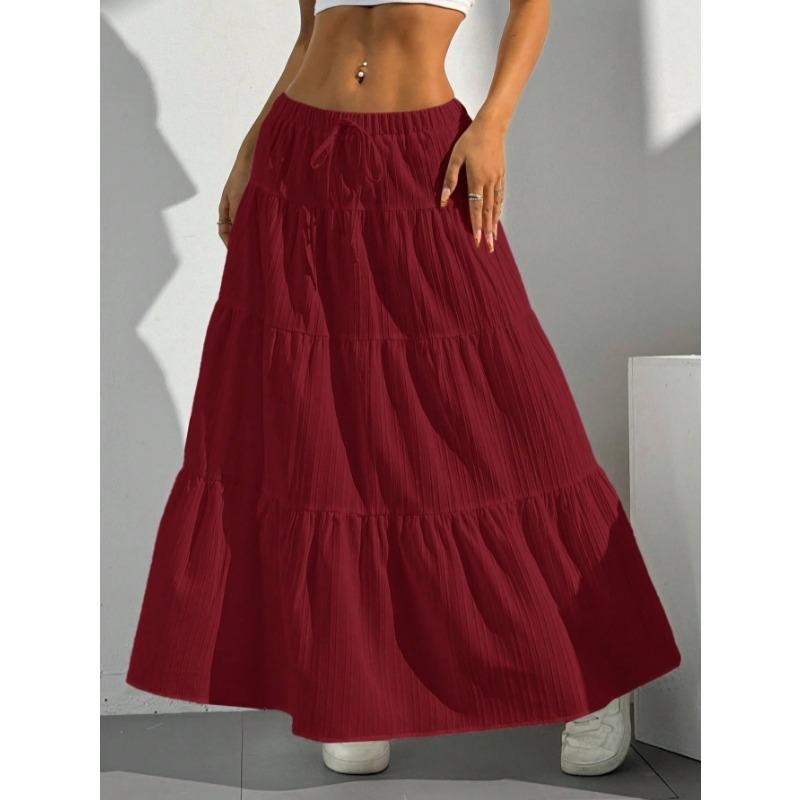 2025 Summer Fashion Lace-up Big Swing Skirt Loose Elegant Casual Simple A-line Ruffled Party Long Skirts Sweet Simple Party Office Clothing