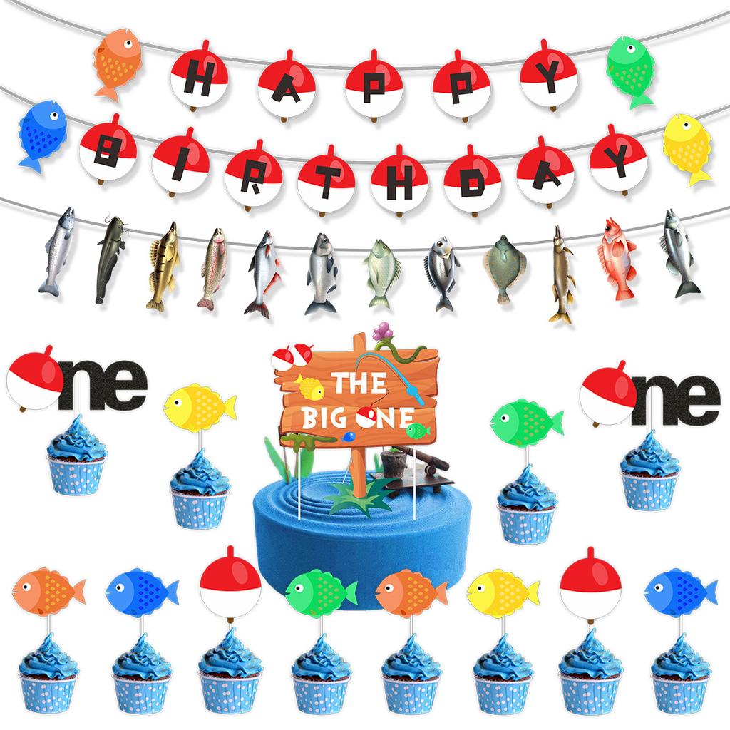 Retirement-Themed Birthday Party Decoration Banner Fishing Birthday Flag Small Fish Spiral Pendant