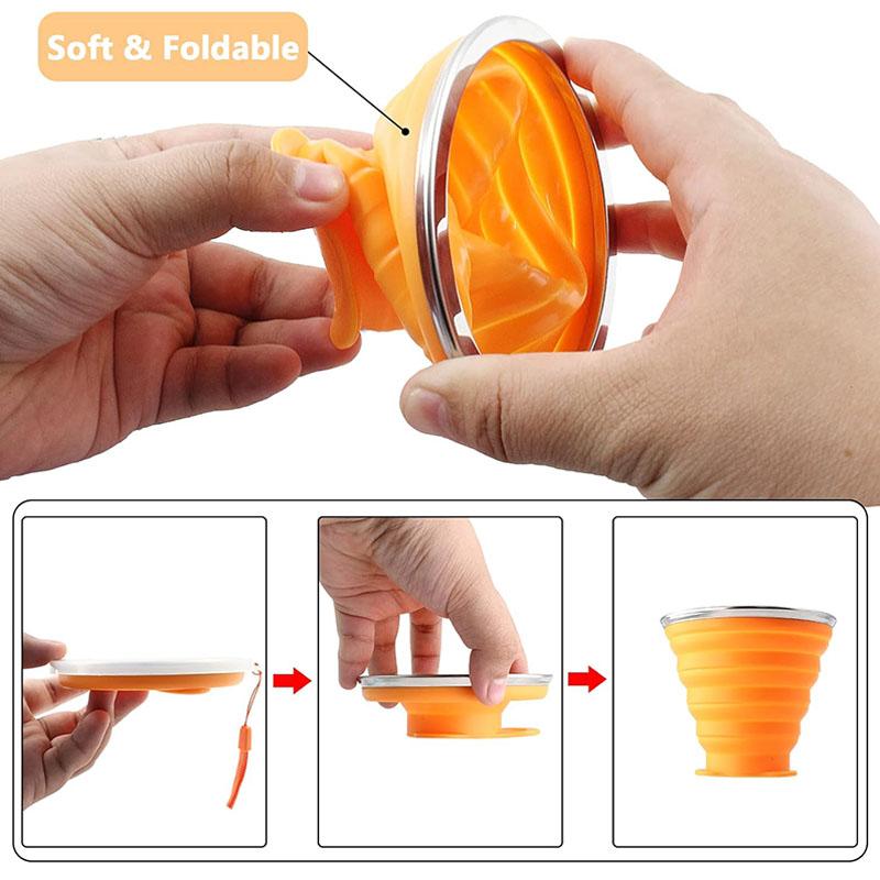Silicone Collapsible Travel Cup Portable Folding Camping Cup Sets with Lids, Blue & Orange