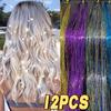 12 Stück Synthetisches Haartinsel Clip-in 52cm Glitzer Tinsel Haarklip in Haartinsel-Set Hitzebeständig Glänzend Funkelnd Fee Haare