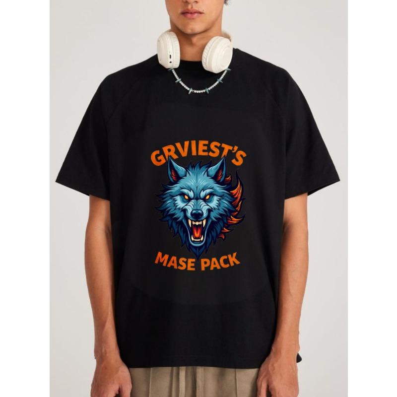 

White T Shirt with Wolf Graphic and Grviest S Mase Pack Text for Casual Wear XXXXL