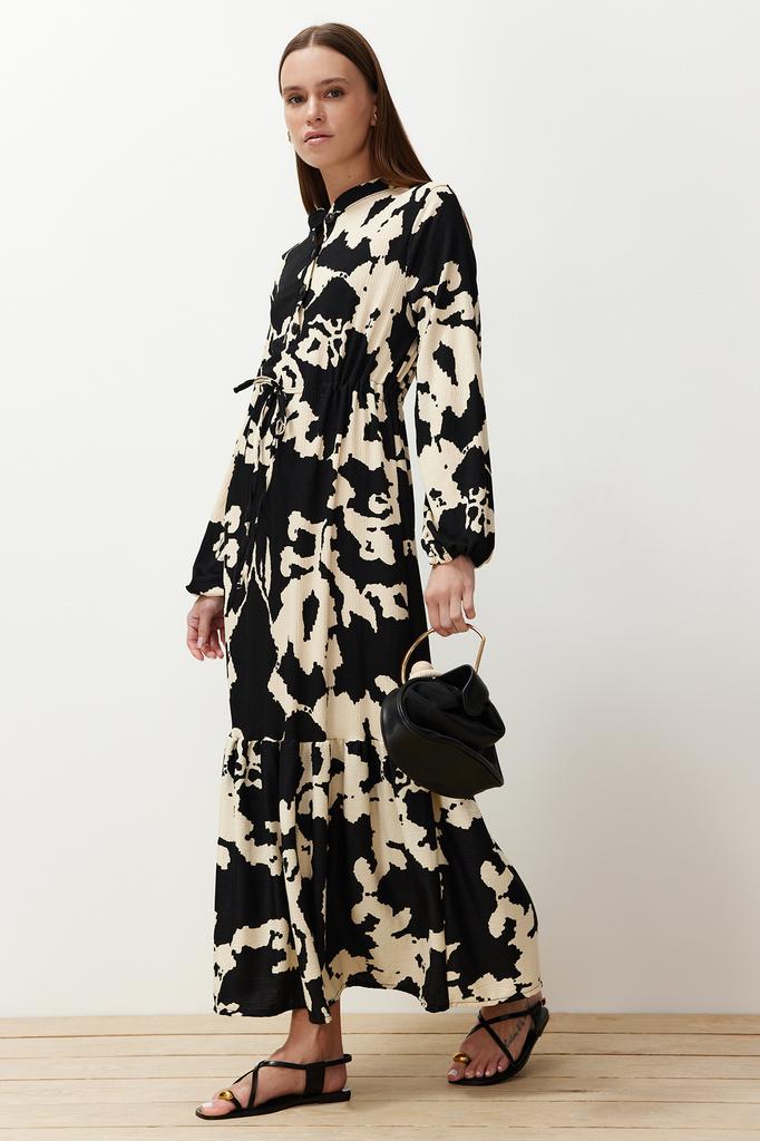 Women's Hijab Dress New Season Fashion Brown Big Flower Patterned Crinkle Woven Dress