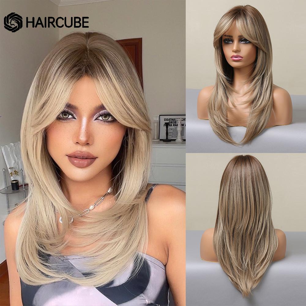 Long Wavy Layered Black-Brown Shoulder-Length Wigs With Bangs Heat Resistant Synthetic Wigs for Women Cosplay Daily Natural Wigs