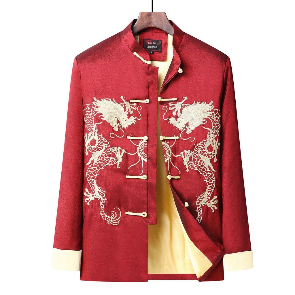 Embroidered Gold Double Dragon Tang Suit Men's Long-Sleeve Stand-Collar Outerwear