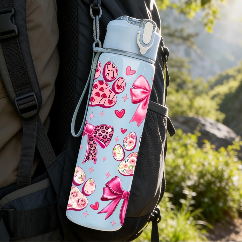 1PC Pink Cherry Blossom Flower Pattern Art 750ml Color Plastic Sports Water Bottle Leakproof Flip Straw Lid Suitable for Sports Office Home Use