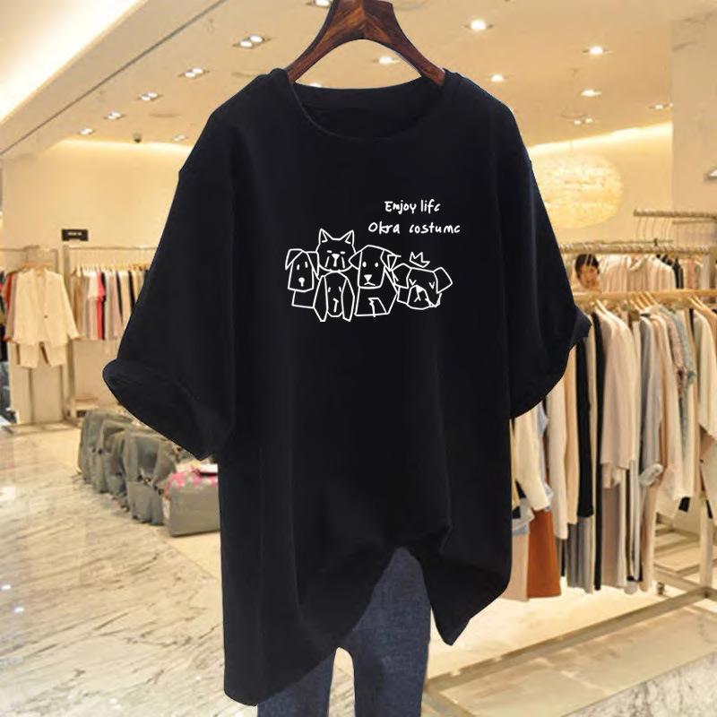 Cotton Line Puppy Printing Short Sleeve T-Shirt Women's T-Shirt Summer Couple Half Sleeve Bottom Shirt Top