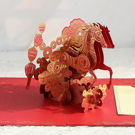 3D Pop-Up-hälsningskort för kinesiskt nyår 2026, hästens år, med kuvert, vårfestivalpresenter för familj och vänner