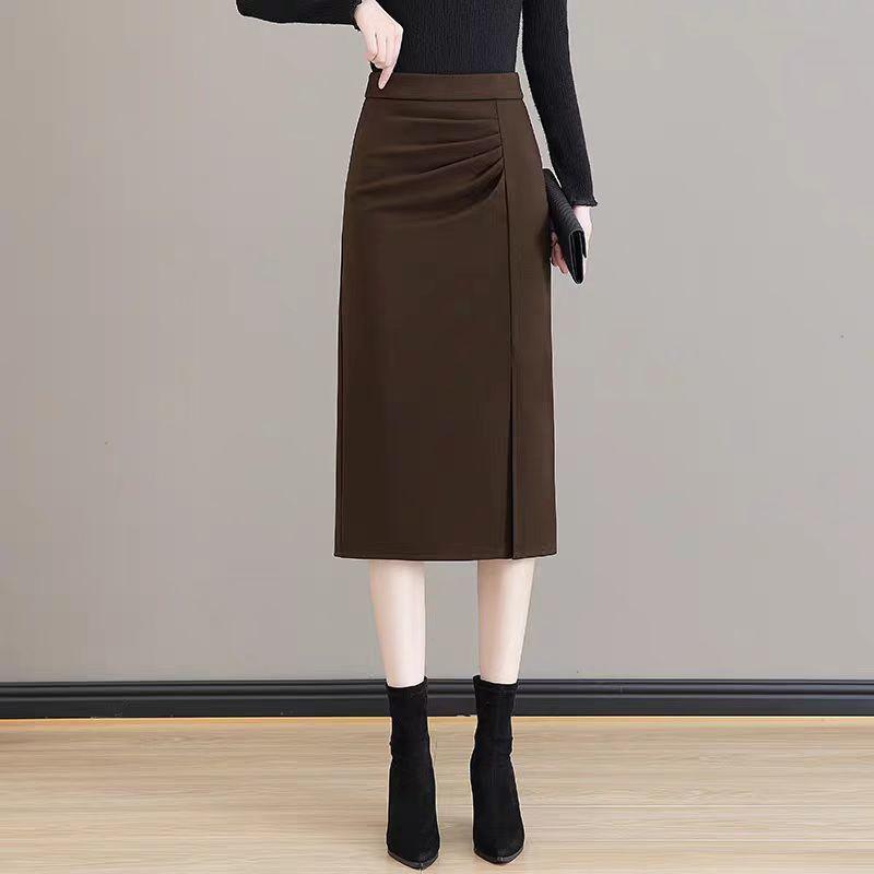 Woolen Skirt Women's Autumn Winter High Waist Slimming Straight Tube Hip Skirt Mid Length Slit One Step Dress