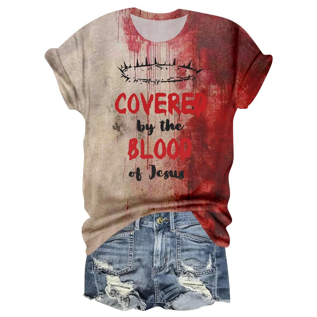 Women's Casual Round Neck Halloween Print Short Sleeve T-Shirt Top
