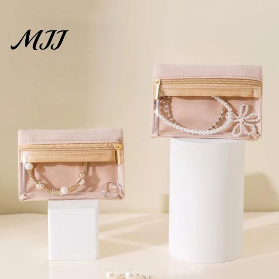 Portable Accessory Pouch Jewelry Storage Bag, Flannel Organizer Case with Transparent Window And Stain Resistant Fabric Smooth Zipper, Compact