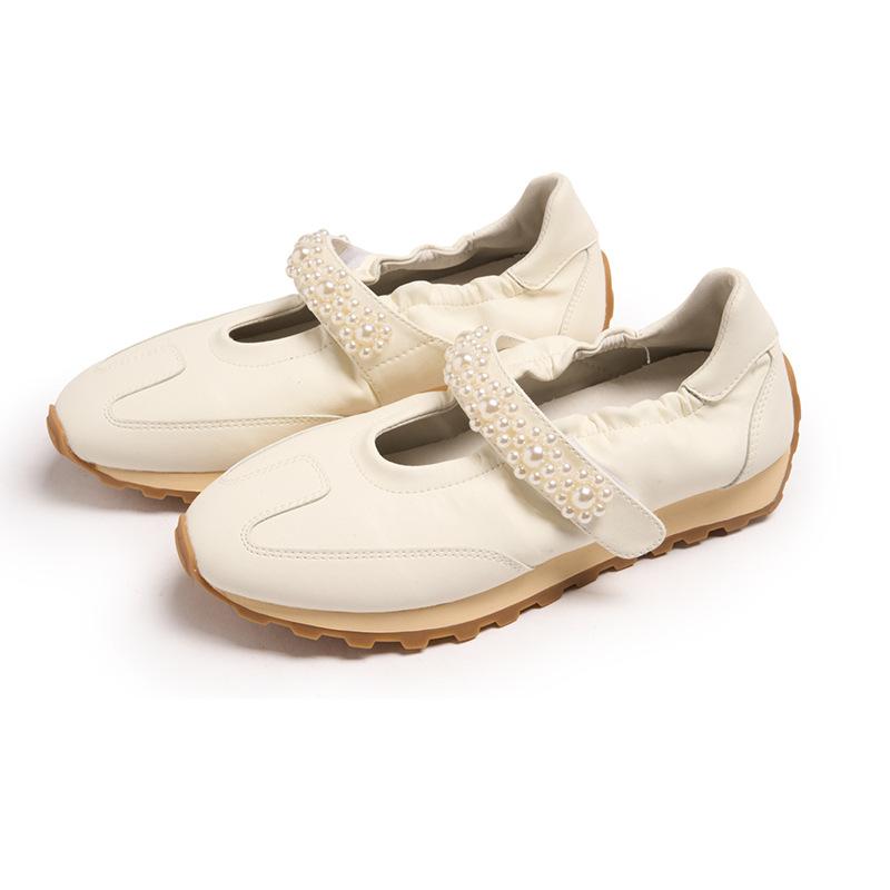 Leather platform white shoes female word with pearl Velcro ballet sports style casual Mary Jane female