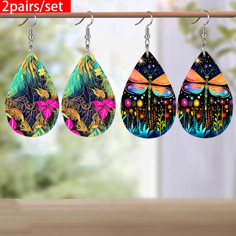 Colorful Fashion Drop Shape PU Leather Earrings for Women Creative Pink Golden Leaf Pattern Drop Earrings