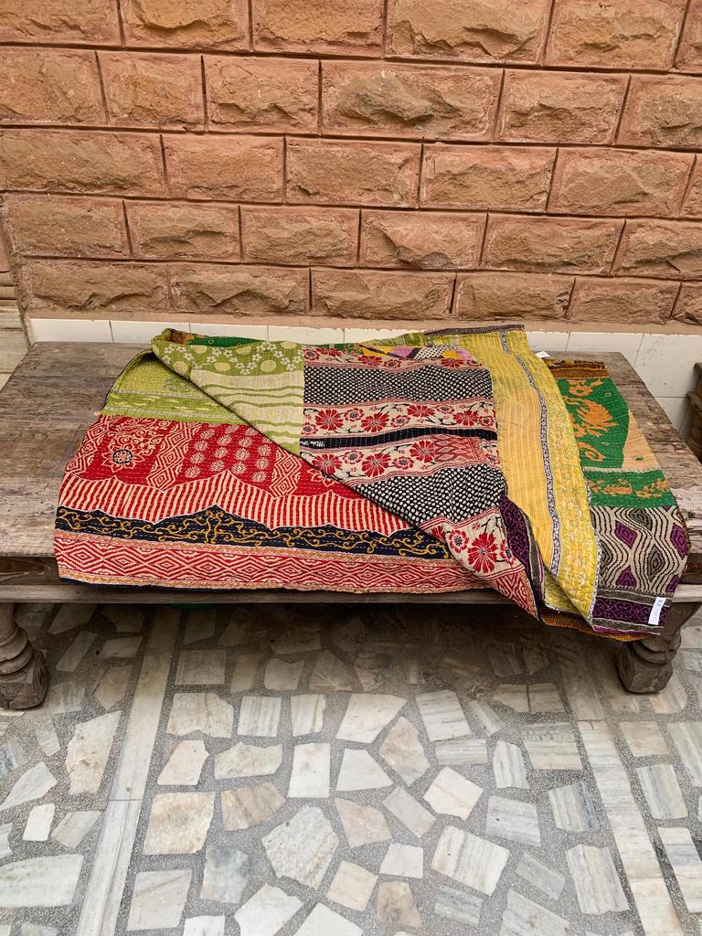 Green Floral Kantha Quilt: Vintage Indian Patchwork Throw